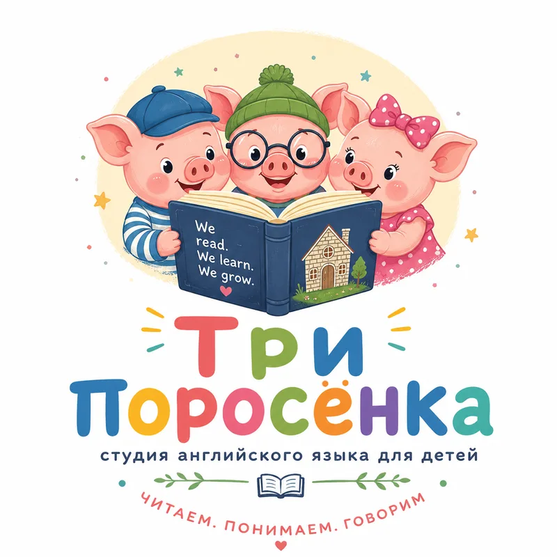 Логотип студии английского для детей «Три Поросёнка» в Пушкине: три поросёнка читают книгу
